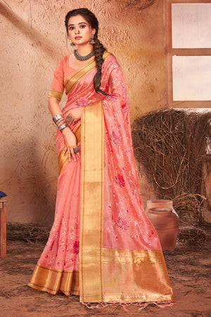 Flamingo Pink Organza Saree