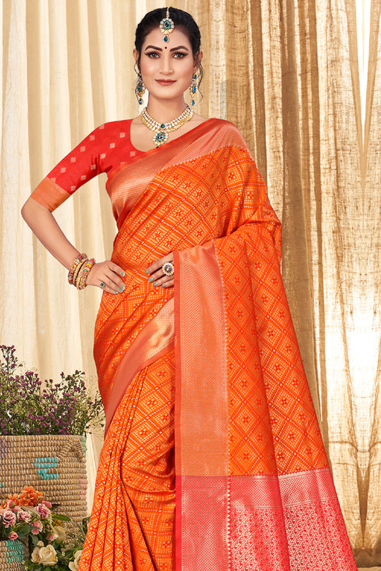 Safety Orange Patola Silk Saree