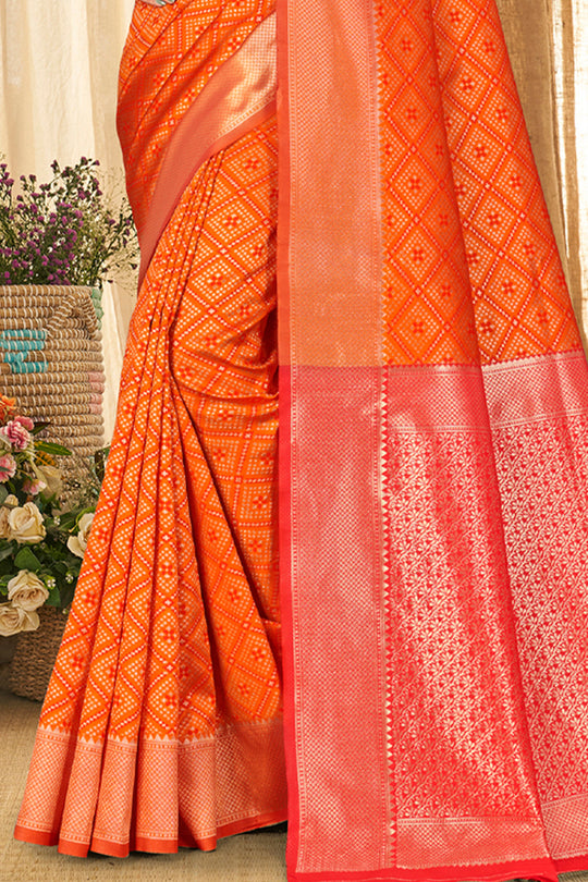 Safety Orange Patola Silk Saree