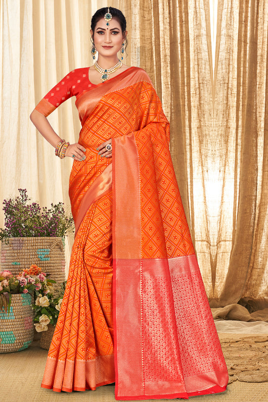Safety Orange Patola Silk Saree