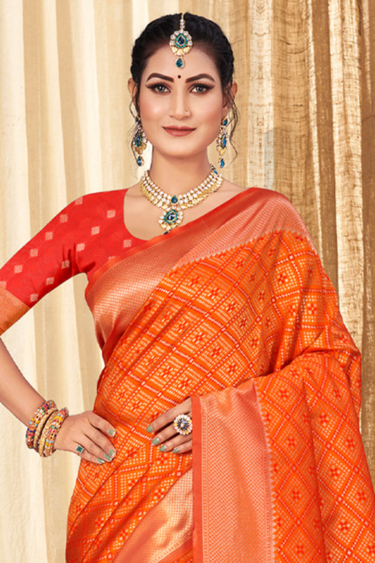 Safety Orange Patola Silk Saree