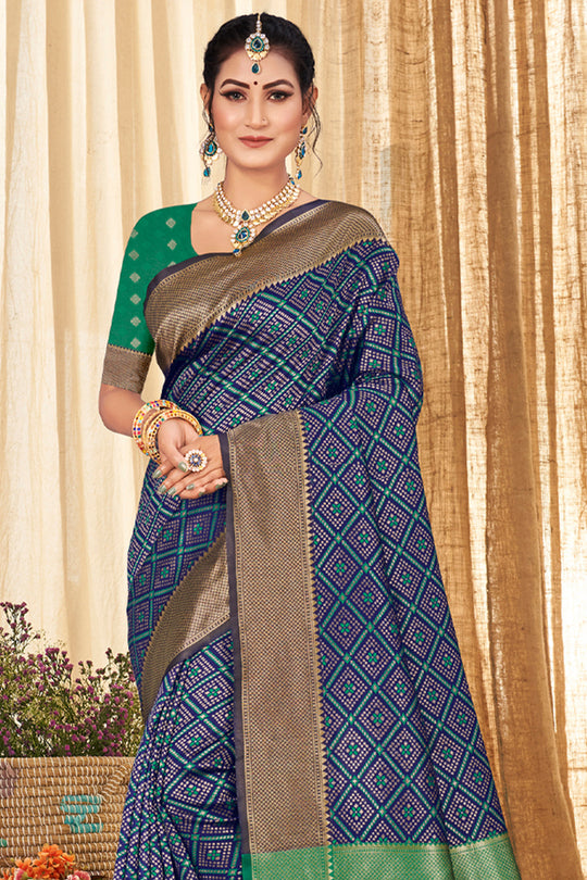 Denim Blue And Green Patola Silk Saree