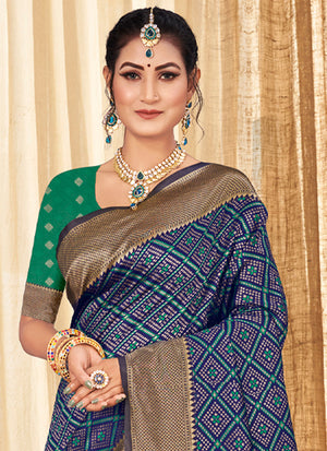Denim Blue And Green Patola Silk Saree