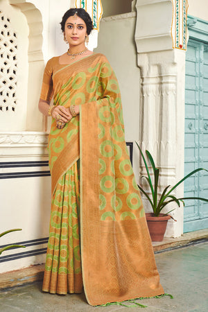 Lime Green And Brown Organza Saree