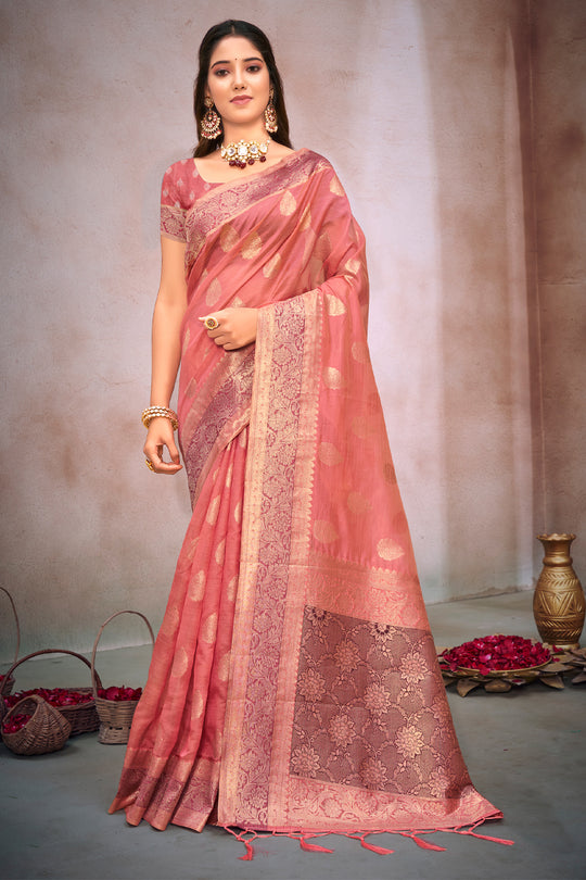 Flamingo Pink Organza Saree