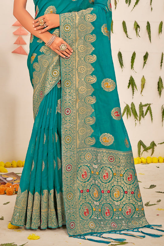 Teal Blue Organza Saree