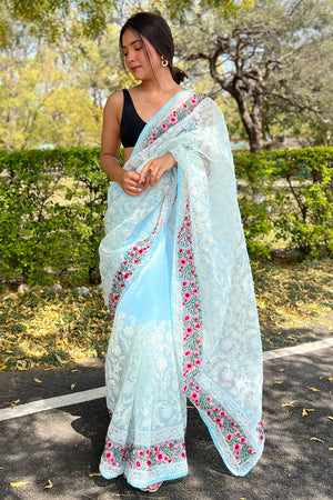 blue organza saree