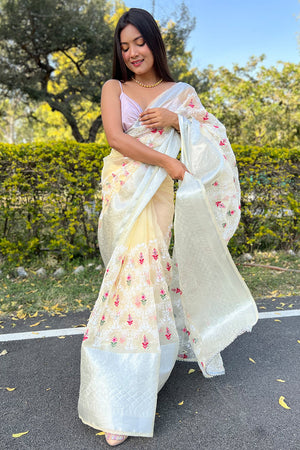 yellow organza saree