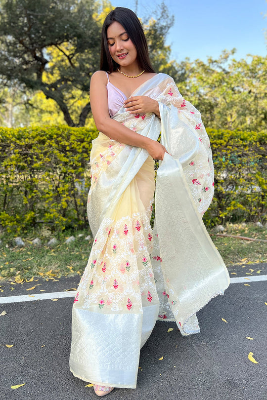 yellow organza saree