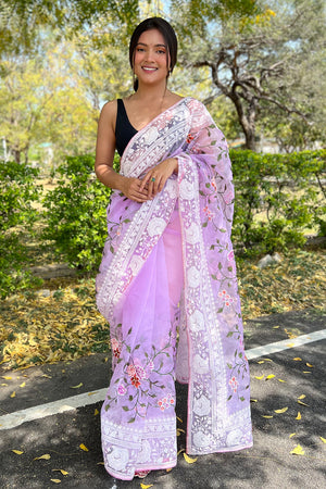 Bright Lilac Purple Organza Saree