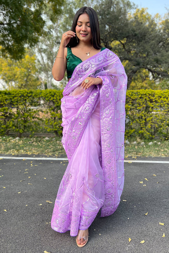 Bright Lilac Purple Organza Saree