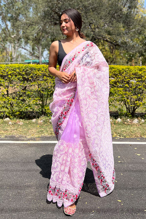 purple organza saree