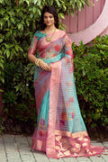blue organza saree