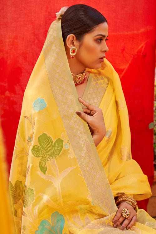yellow organza saree