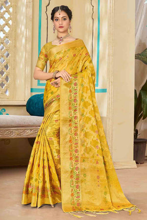 yellow organza saree