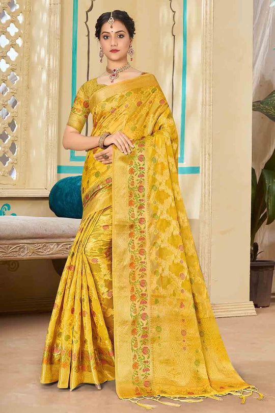 yellow organza saree