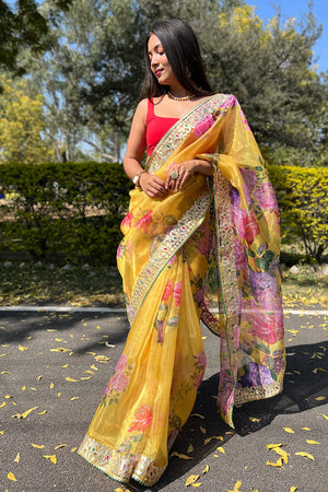 Canary Yellow Organza Saree