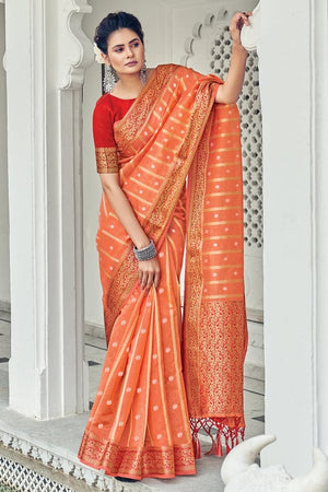 Coral Peach Organza Saree