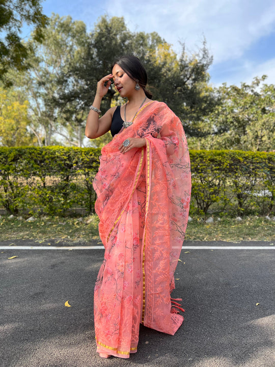 peach organza saree