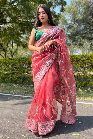 Coral Peach Organza Saree