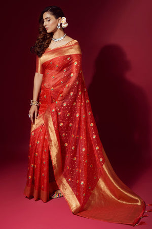 Crimson Red Organza Saree