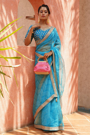 blue organza saree