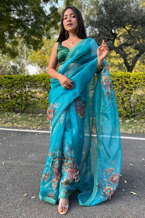 Cyan Blue Organza Saree