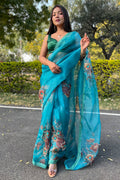 blue organza saree