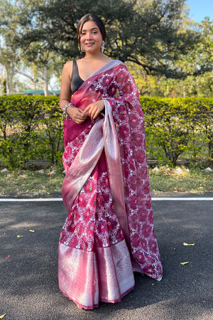 Dark Pink Organza Saree