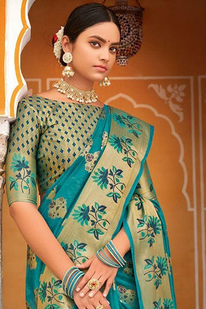Deep Sky Blue Organza Saree