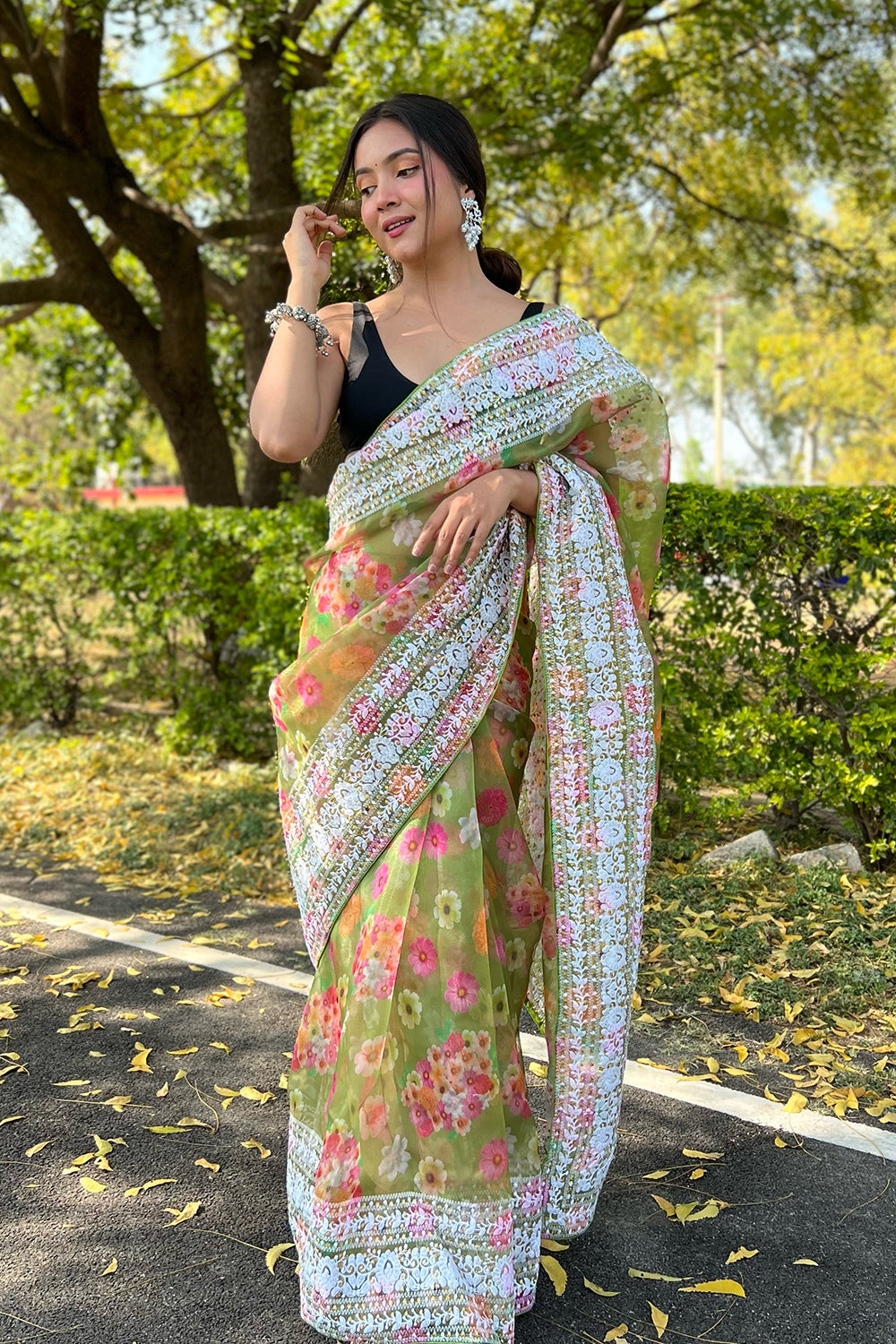 Buy Fern Green Organza Saree online Karagiri