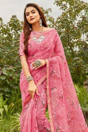 pink organza saree