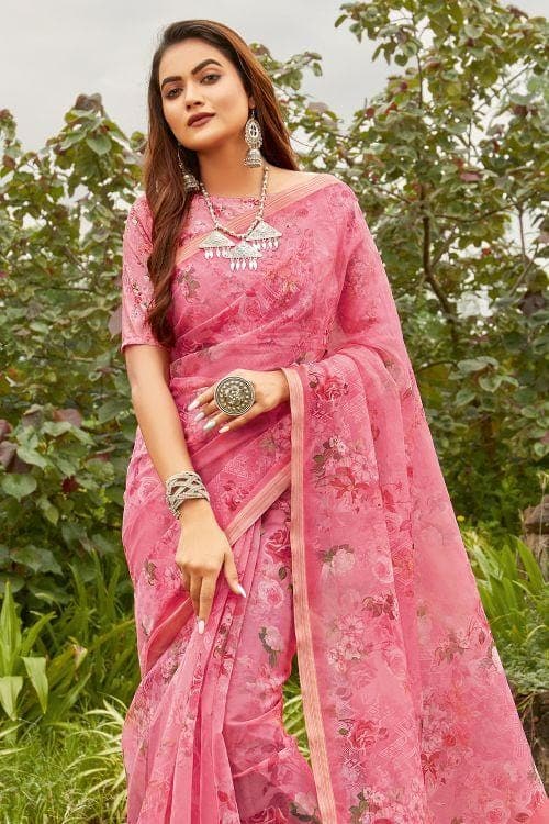 pink organza saree