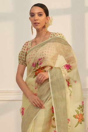 Flaxen Yellow Organza Saree