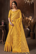 yellow orgaza saree