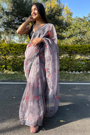 grey organza saree