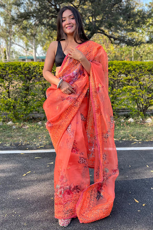 International Orange Organza Saree