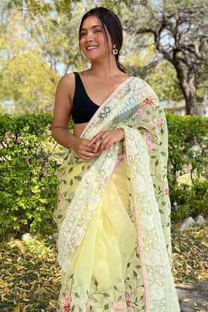 yellow organza saree