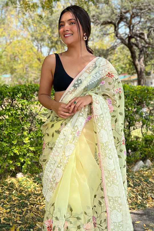 yellow organza saree