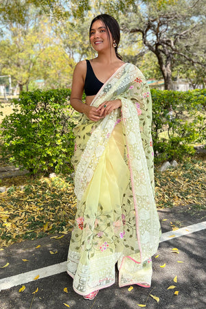 Lemon Yellow Organza Saree