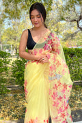 yellow organza saree