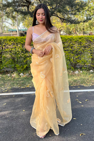 Lemon Yellow Organza Saree