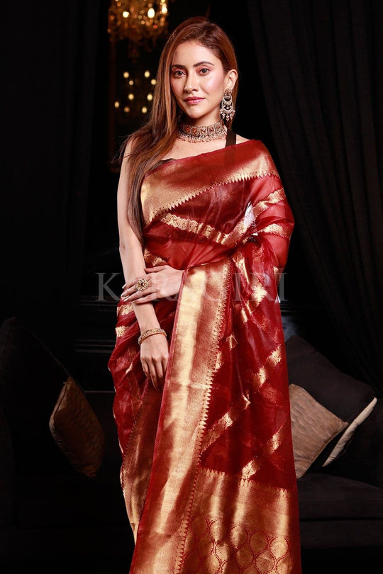 maroon organza saree