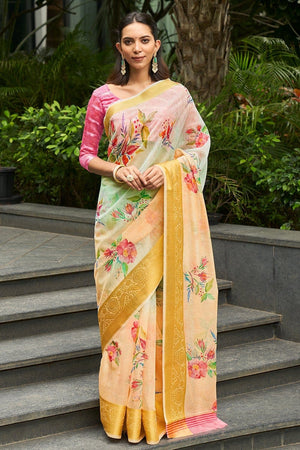 Light Goldenrod Yellow Organza Saree