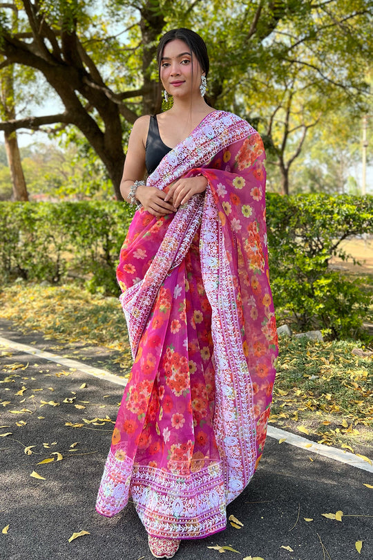 pink organza saree