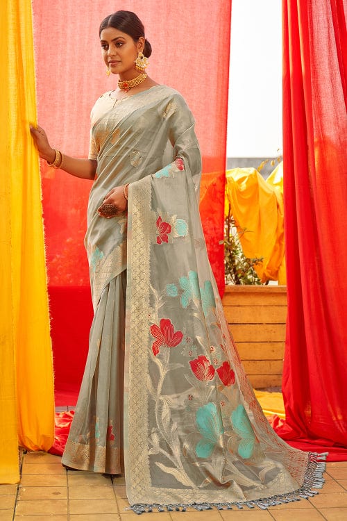 grey organza saree