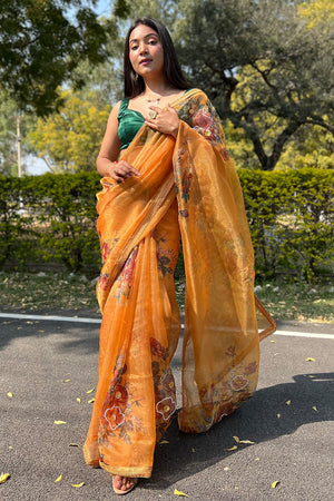 yellow organza saree