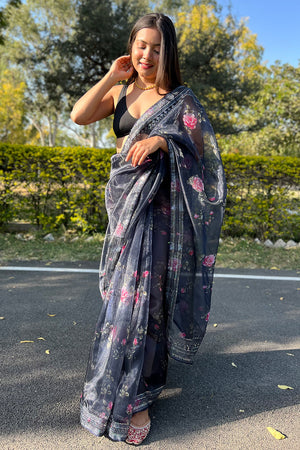 Navy Blue Organza Saree