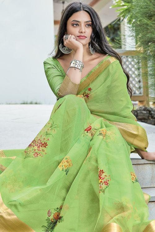 Parrot green woven paithani silk saree with blouse - Sangam Prints - 4050356