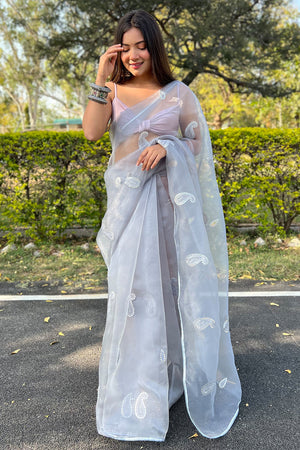 Pearl River Grey Organza Saree